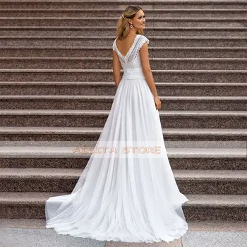 Bohemijos Vestuvių Suknelės, Paprastas V Kaklo-Line Valymo Traukinio Bžūp Rankovėmis Mygtuką Nėrinių Vestuvinės Suknelės Vestido De Novia 2021 Užsakymą