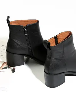 DUIDIBASIC Originali Karvės Odos Storio obcasie batų moterims, odinis vieną batai aikštėje pirštas trumpas batai, storos-soled batai