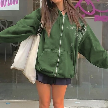 HEYounGIRL Atsitiktinis Palaidų Mall Gotikos Zip Iki Striukės Moterims Žalia Spausdinti Hoodies Palaidinės Mados Korėjos Šilti Paltai Streetwear