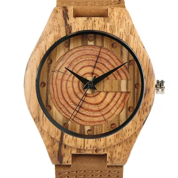 Medienos Žiūrėti Mens Kvarcinis Laikrodis Metines Žiedas Dizaino Dvigubo Sluoksnio Dizaino Ciferblatas Unikalus vyriški Laikrodžiai su natūralios Odos Dirželis