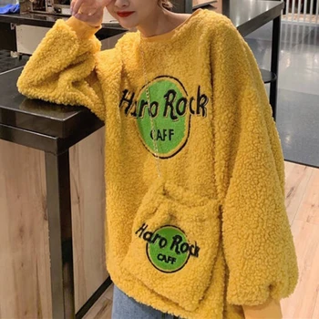 Moterų Harajuku Prarasti Atsitiktinis Šiltas Viršūnių O-Kaklo Rudens Žiemos Megztinis Moteriška Palaidinukė 2021 Laišką Modelio Spausdinimo Megztinis su maišeliu