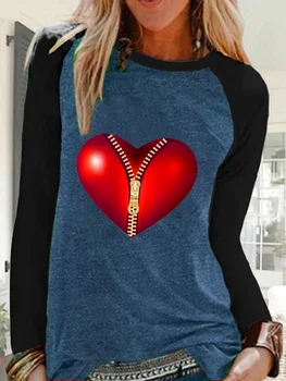Rudenį Moterų Atsitiktinis Apvalios Kaklo Prarasti Širdies formos Spausdinimo Raglan ilgomis rankovėmis Marškinėliai, Moterų Plius Dydžio Megztinis Viršuje XS-5XL
