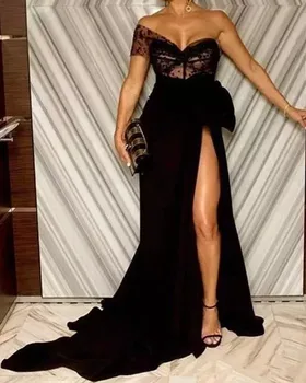 Sexy Juoda Vieną Petį Vakarą Nėrinių Suknelė Elegantiškas Lankas Prom Chalatai Su Traukiniu Padalinta Šalis Suknelė Rūbeliai De Soirée
